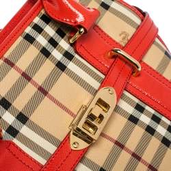 مملوكة مسبقًا حقيبة ساتشل بربري مينفورد بورتريه كانفاس مقوى كاروهات هاي ماركت تشيك وجلد لامع بيج/ أحمر 