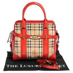 مملوكة مسبقًا حقيبة ساتشل بربري مينفورد بورتريه كانفاس مقوى كاروهات هاي ماركت تشيك وجلد لامع بيج/ أحمر 