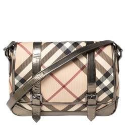Burberry Metallic Bronze/Beige Nova Check PVC and Leather Messenger Flap Bag