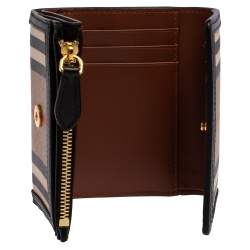 مملوكة مسبقًا محفظة بربري طية ثلاثية صغير جلد وكانفاس مقوى مخطط أيقون أسود/ بيج