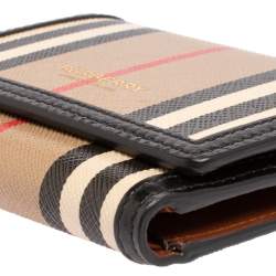 مملوكة مسبقًا محفظة بربري طية ثلاثية صغير جلد وكانفاس مقوى مخطط أيقون أسود/ بيج