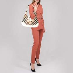 Pre Owned Burberry Beige/ White Nova Check And Patent Leather Brooke Hobo