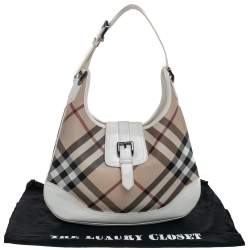 Pre Owned Burberry Beige/ White Nova Check And Patent Leather Brooke Hobo