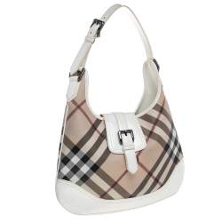 Pre Owned Burberry Beige/ White Nova Check And Patent Leather Brooke Hobo
