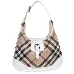 Pre Owned Burberry Beige/ White Nova Check And Patent Leather Brooke Hobo