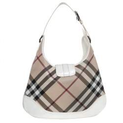 Pre Owned Burberry Beige/ White Nova Check And Patent Leather Brooke Hobo