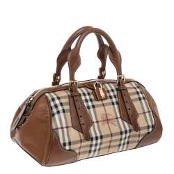 Pre Owned Burberry Beige/Brown Haymarket Check Coated Canvas and Leather Boston Bag