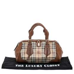 Pre Owned Burberry Beige/Brown Haymarket Check Coated Canvas and Leather Boston Bag