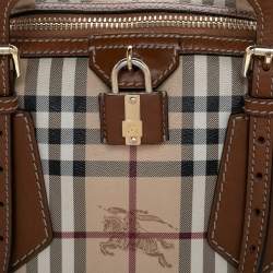 Pre Owned Burberry Beige/Brown Haymarket Check Coated Canvas and Leather Boston Bag