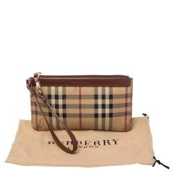 Pre Owned Burberry Beige/Brown Haymarket Check Coated Canvas and Leather Wristlet Clutch