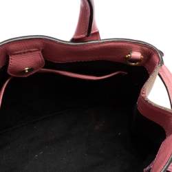 Pre Owned Burberry Pink/Beige Leather and House Check Canvas Small Banner Tote