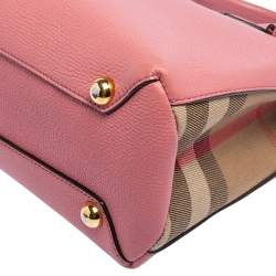 Pre Owned Burberry Pink/Beige Leather and House Check Canvas Small Banner Tote