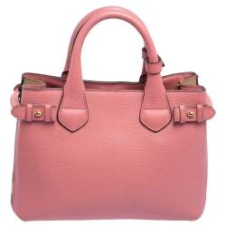 Pre Owned Burberry Pink/Beige Leather and House Check Canvas Small Banner Tote