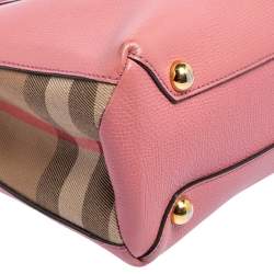 Pre Owned Burberry Pink/Beige Leather and House Check Canvas Small Banner Tote