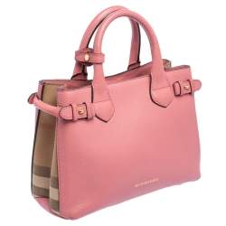 Pre Owned Burberry Pink/Beige Leather and House Check Canvas Small Banner Tote