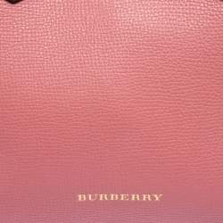 Pre Owned Burberry Pink/Beige Leather and House Check Canvas Small Banner Tote