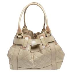 Pre Owned Burberry Cream Quilted Patent Leather Beaton Tote