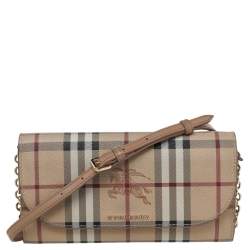 Burberry Henley House Check Leather Wallet on Chain Crossbody Bag Brown