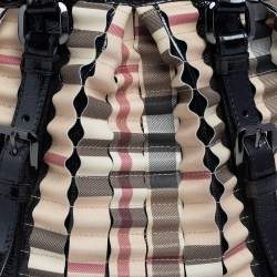 Pre Owned Burberry Beige Nova Check Coated Canvas And Patent Leather Cartridge Pleat Tote