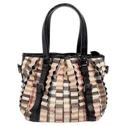 Pre Owned Burberry Beige Nova Check Coated Canvas And Patent Leather Cartridge Pleat Tote