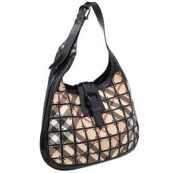 Pre Owned Burberry Beige/Black Nova Check Canvas And Leather Studded Brooke Warrior Hobo