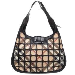 Pre Owned Burberry Beige/Black Nova Check Canvas And Leather Studded Brooke Warrior Hobo