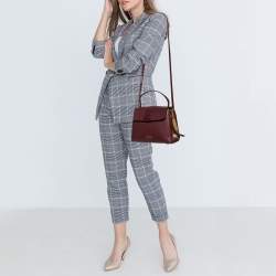 Pre Owned Burberry Burgundy/Beige Leather and House Check Canvas Small Camberley Top Handle Bag