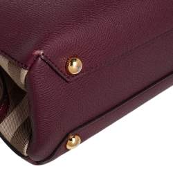 Pre Owned Burberry Burgundy/Beige Leather and House Check Canvas Small Camberley Top Handle Bag