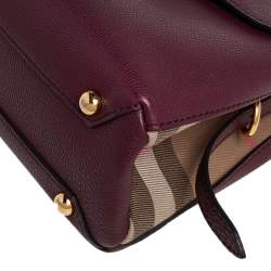 Pre Owned Burberry Burgundy/Beige Leather and House Check Canvas Small Camberley Top Handle Bag