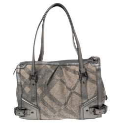 مملوكة مسبقًا حقيبة يد توتس بربري بيلغريم جلد وقماش كاروهات رصاصي/بيج ميتاليك