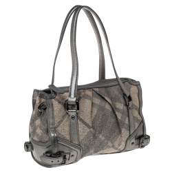 مملوكة مسبقًا حقيبة يد توتس بربري بيلغريم جلد وقماش كاروهات رصاصي/بيج ميتاليك