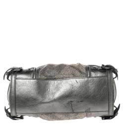 مملوكة مسبقًا حقيبة يد توتس بربري بيلغريم جلد وقماش كاروهات رصاصي/بيج ميتاليك