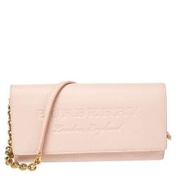 Pre Owned Burberry Light Pink Grained Leather Henley Wallet on Chain