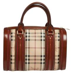 Pre Owned Burberry Beige/Tan Haymarket Check Coated Canvas and Leather Medium Alchester Bowler Bag