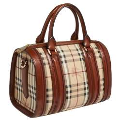Pre Owned Burberry Beige/Tan Haymarket Check Coated Canvas and Leather Medium Alchester Bowler Bag