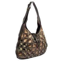 Pre Owned Burberry Metallic/Beige Nova Check PVC And Leather Studded Brooke Warrior Hobo