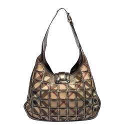Pre Owned Burberry Metallic/Beige Nova Check PVC And Leather Studded Brooke Warrior Hobo