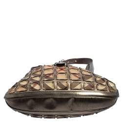 Pre Owned Burberry Metallic/Beige Nova Check PVC And Leather Studded Brooke Warrior Hobo