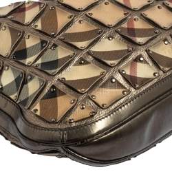 Pre Owned Burberry Metallic/Beige Nova Check PVC And Leather Studded Brooke Warrior Hobo