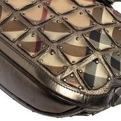 Pre Owned Burberry Metallic/Beige Nova Check PVC And Leather Studded Brooke Warrior Hobo