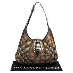 Pre Owned Burberry Metallic/Beige Nova Check PVC And Leather Studded Brooke Warrior Hobo