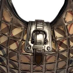Pre Owned Burberry Metallic/Beige Nova Check PVC And Leather Studded Brooke Warrior Hobo