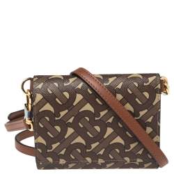 مملوكة مسبقًا Burberry Beige/Brown TB-Print Coated Canvas Ottis Bridle Wallet on Strap