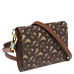 مملوكة مسبقًا Burberry Beige/Brown TB-Print Coated Canvas Ottis Bridle Wallet on Strap