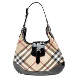 Pre Owned Burberry Black/Beige Nova Check PVC And Patent Leather Brooke Hobo