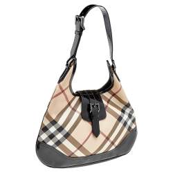 Pre Owned Burberry Black/Beige Nova Check PVC And Patent Leather Brooke Hobo