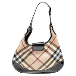 Pre Owned Burberry Black/Beige Nova Check PVC And Patent Leather Brooke Hobo