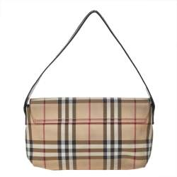 Pre Owned Burberry Beige/Black Nova Check Coated Canvas And Leather Flap Shoulder Bag