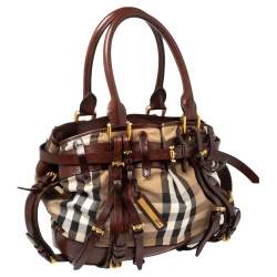 مملوكة مسبقًا حقيبة يد بربرى روان كبيرة جلد وكانفاس بنى /بيج 