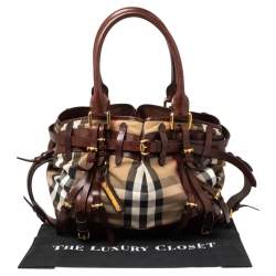 مملوكة مسبقًا حقيبة يد بربرى روان كبيرة جلد وكانفاس بنى /بيج 